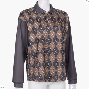 Fashion Argyle Brown and Tan Long Sleeve Collared Shirt Medium